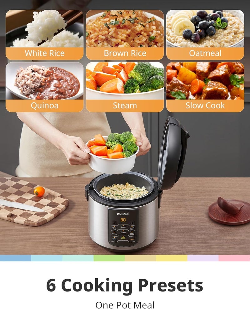 Comfee' ' Compact Rice Cooker, 6-in-1 Stainless Steel Multi Cooker, Slow Cooker, Steamer, Saute, and Warmer, 2 QT, 8 Cups Cooked(4 Cups Uncooked), Brown Rice, Quinoa and Oatmeal, 6 One-Touch Programs - Image 2